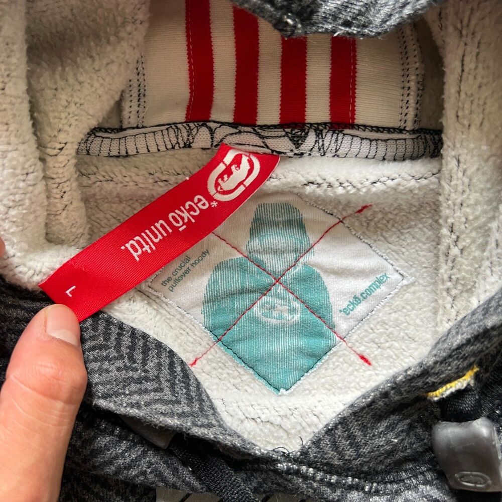 Ecko Unltd The Crucial Pullover Hoodie Sz L Vintage Y2K Gray Herringbone Fleece - Picture 5 of 7